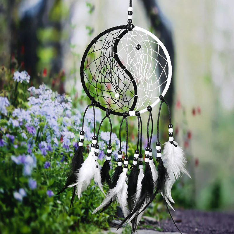Acchiappasogni Yin Yang Rete circolare con piume Decorazione di equilibrio - Image 18