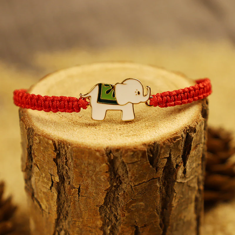 Braccialetto con cordino rosso elefante portafortuna in argento sterling 925 fatto a mano in tibetano Buddha Stones - Image 3