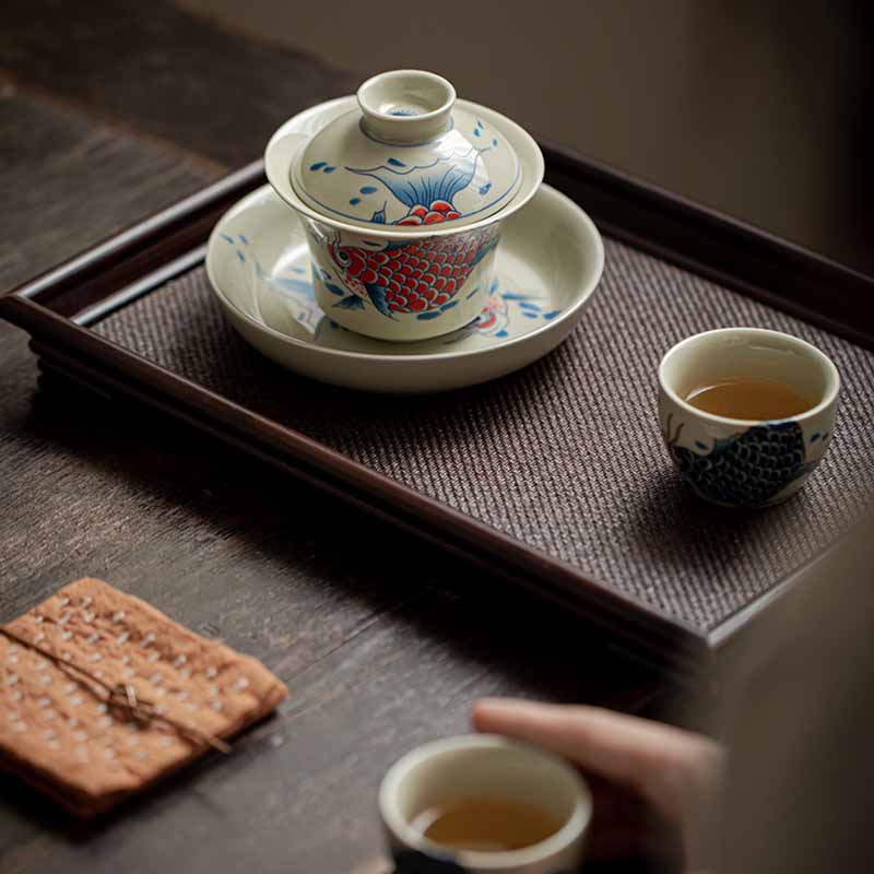 Buddha Stones Koi Fish Arowana Ceramica Gaiwan Sancai Tazza da tè Kung Fu Tazza da tè con coperchio 130ml - Image 13