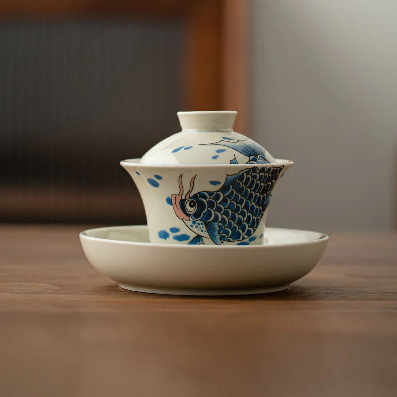 Buddha Stones Koi Fish Arowana Ceramica Gaiwan Sancai Tazza da tè Kung Fu Tazza da tè con coperchio 130ml - Image 17