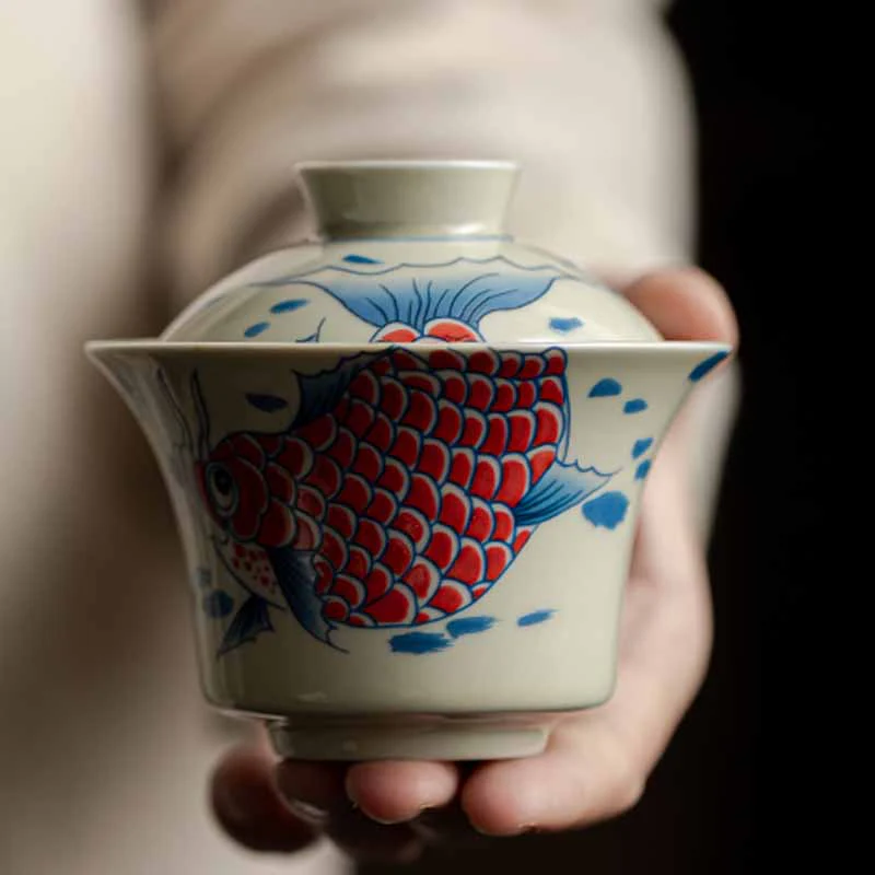 Buddha Stones Koi Fish Arowana Ceramica Gaiwan Sancai Tazza da tè Kung Fu Tazza da tè con coperchio 130ml - Image 27