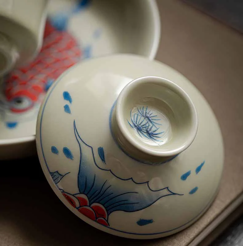 Buddha Stones Koi Fish Arowana Ceramica Gaiwan Sancai Tazza da tè Kung Fu Tazza da tè con coperchio 130ml - Image 7