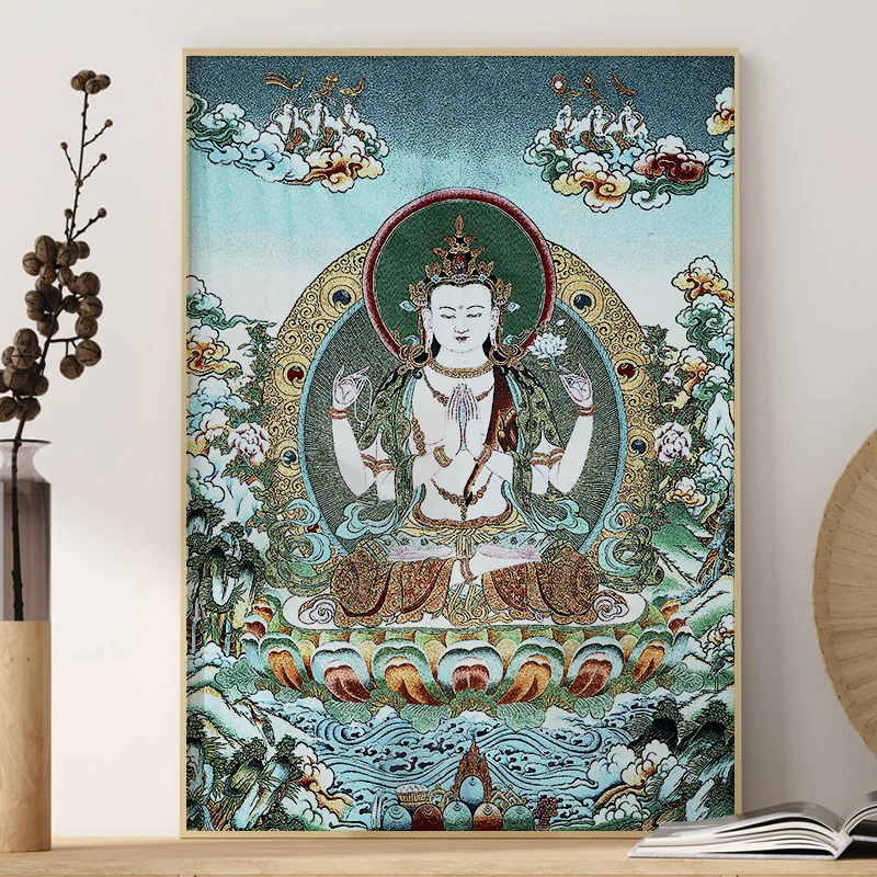 Buddha Stones Ricamo Tibetano Tara Bianca Thangka Arazzo Appeso a Parete Arte della Parete Meditazione per la Decorazione della Casa - Image 9