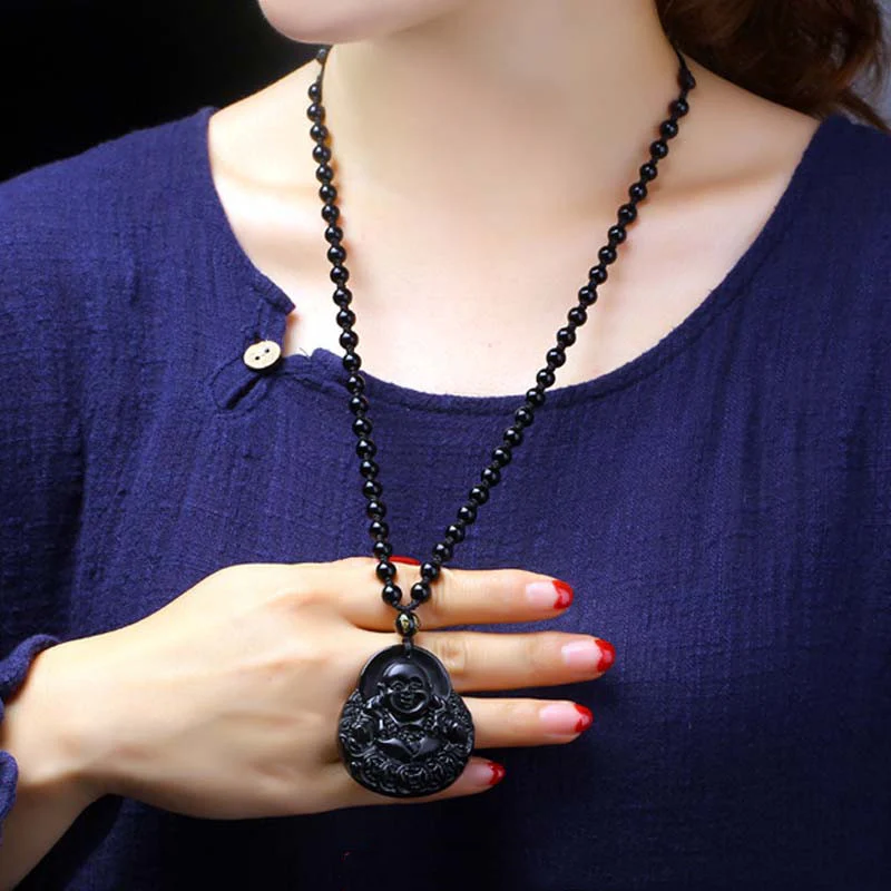 Collana con ciondolo Buddha Stones Laughing Buddha in ossidiana nera, forza e protezione - Image 3