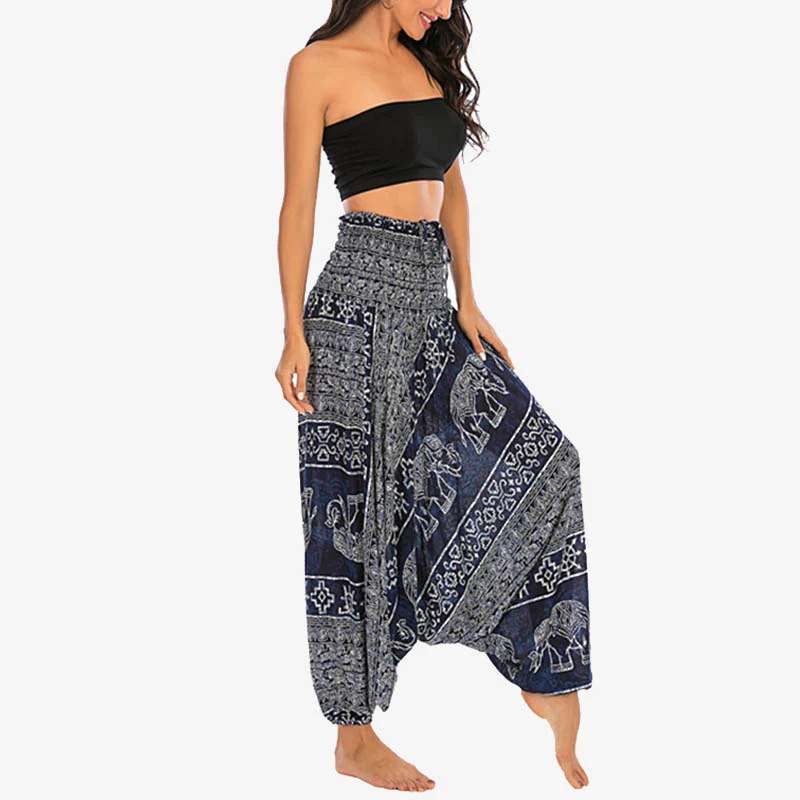 Pantaloni harem larghi e arricciati con motivo a elefante, tuta da yoga da donna, stile Buddha Stones, due stili - Image 35