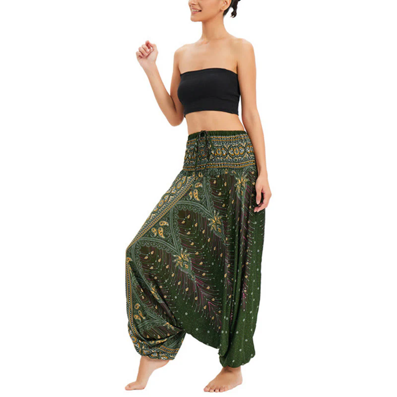 Pantaloni harem larghi e arricciati in piuma di pavone, pantaloni a vita alta, tuta, Buddha Stones Two Style - Image 15