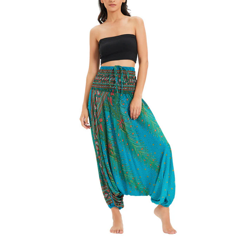 Pantaloni harem larghi e arricciati in piuma di pavone, pantaloni a vita alta, tuta, Buddha Stones Two Style - Image 27