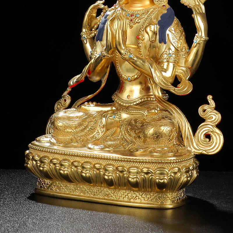 Statua di protezione di Avalokitesvara a quattro braccia di Chenrezig, placcata in oro e rame - Image 11