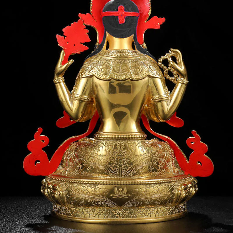 Statua di protezione di Avalokitesvara a quattro braccia di Chenrezig, placcata in oro e rame - Image 12