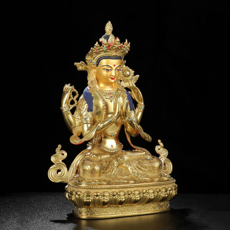 Statua di protezione di Avalokitesvara a quattro braccia di Chenrezig, placcata in oro e rame - Image 4