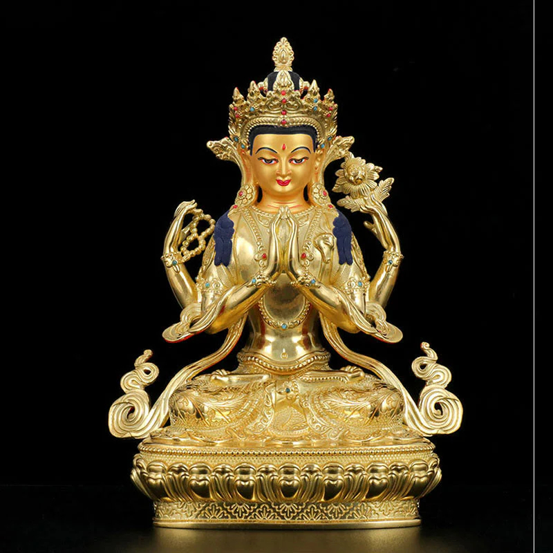 Statua di protezione di Avalokitesvara a quattro braccia di Chenrezig, placcata in oro e rame - Image 5