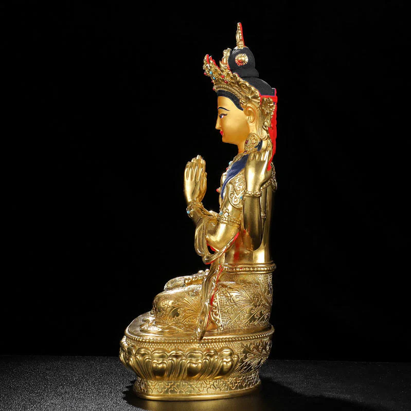 Statua di protezione di Avalokitesvara a quattro braccia di Chenrezig, placcata in oro e rame - Image 7